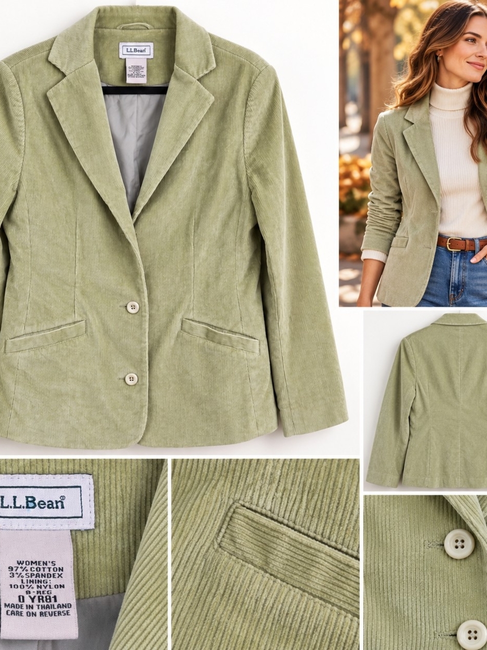 L.L.Bean Corduroy Blazer Womens M Sage Green Cottagecore Preppy Jacket